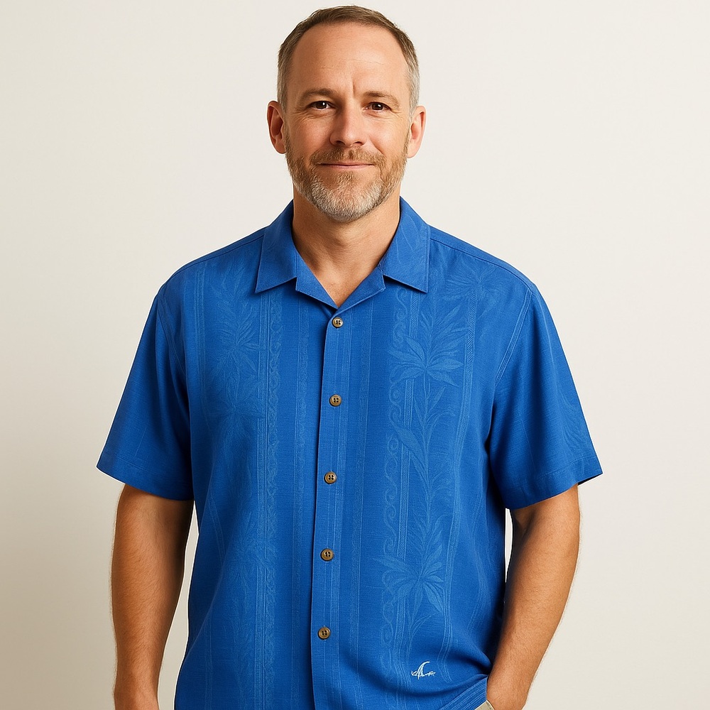 Tommy Bahama Men’s XL Bright Blue Embroidered 100% Silk Hawaiian Camp Shirt